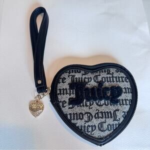 Juicy Couture Black Grey Faux Leather Signature Print Heart Shaped Wristlet Bag